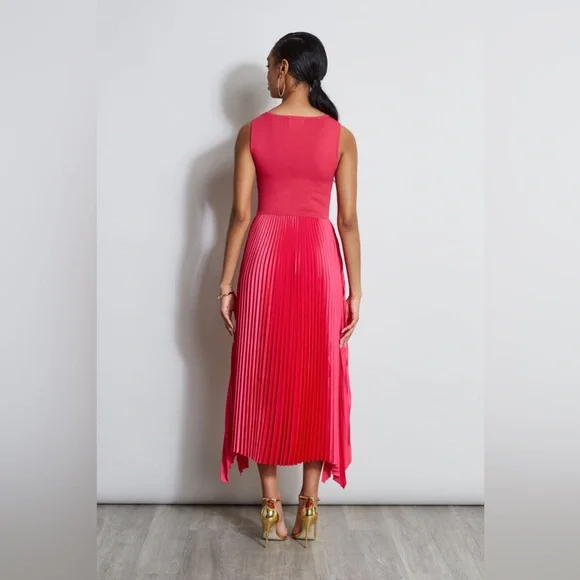 elie tahari mixed media pleated midi-dress Elie Tahari Mave Mixed-Media Midi-Dress
